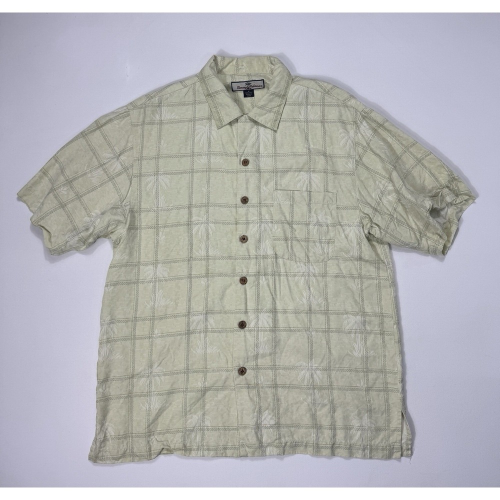 Tommy Bahama Mens Medium 100% Silk Plaid Palm Tree Aloha Hawaiian Shirt Yellow